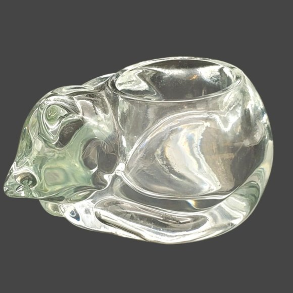 VTG‎ Indiana Glass Sleeping Cat Votive 5" Crystal Candle Holder Paper Weight USA